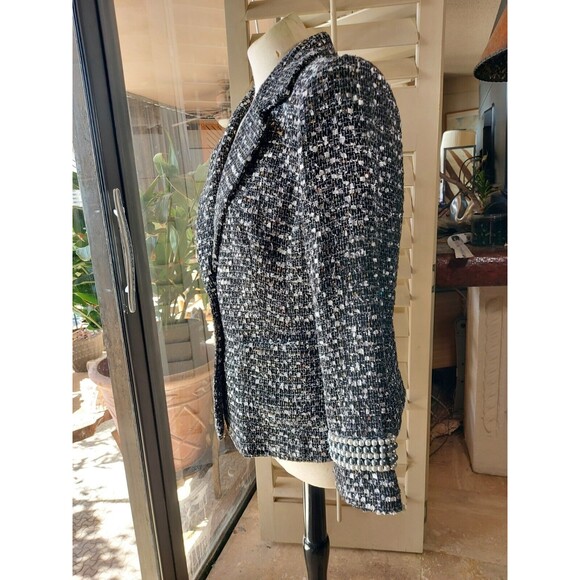 Joan Rivers Gray Black Tweed Blazer Sequin Pearl Detail Trim on sleeve Size 12 - Picture 5 of 9